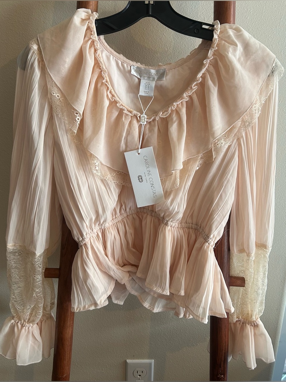 Caroline Constas Peach Cream Ruffled Lace Blouse